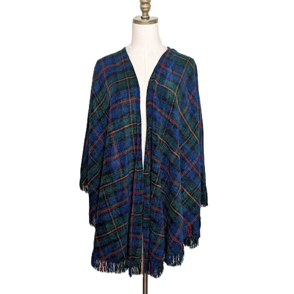 Vintage Weave of the Irish Tartan Plaid Chenille Cape Shawl One Size Fringe